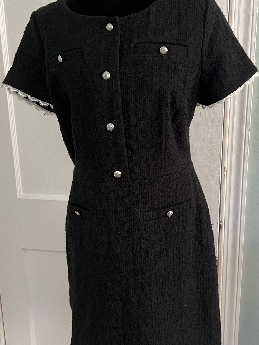 Talbots Black Tweed Midi Dress with Silver Buttons